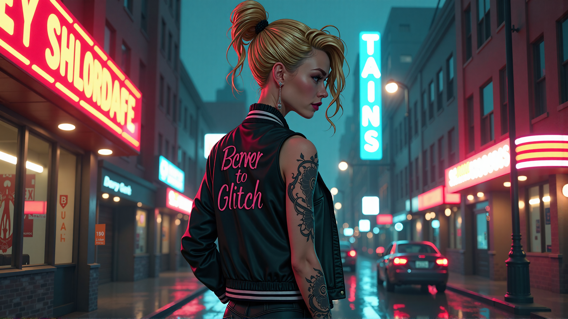 AI generated wallpaper featuring woman, street, vintage, tattoo, jacket, neon, signs, cityscape, cars, hair