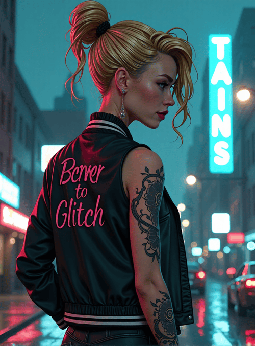 woman, street, vintage, tattoo, jacket, neon, signs, cityscape, cars, hair
