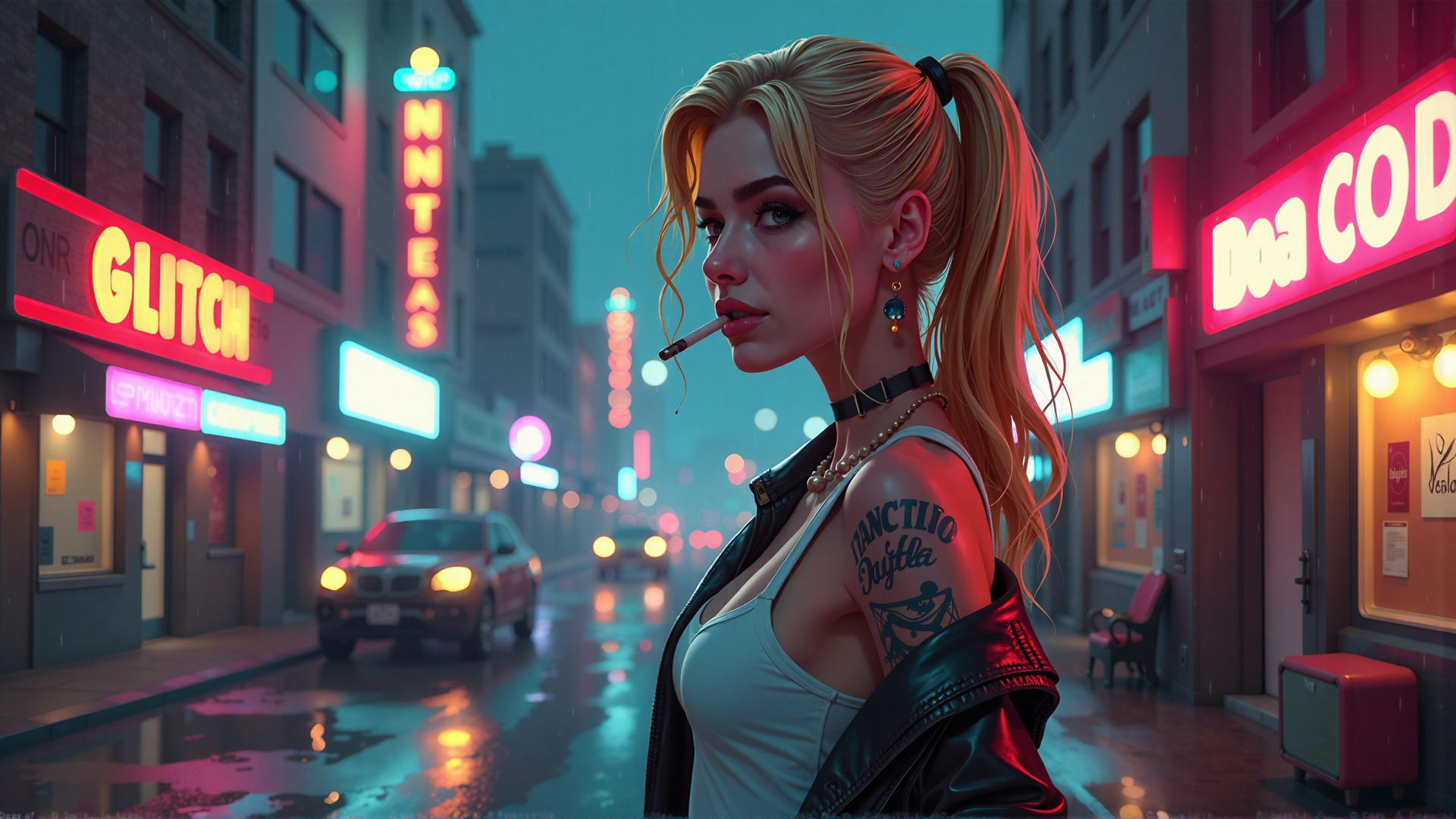 AI generated wallpaper featuring woman, street, neon, tattoo, car, sign, rain, building, cigarette, ponytail