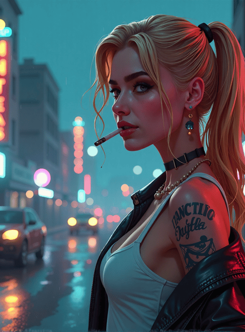 woman, street, neon, tattoo, car, sign, rain, building, cigarette, ponytail