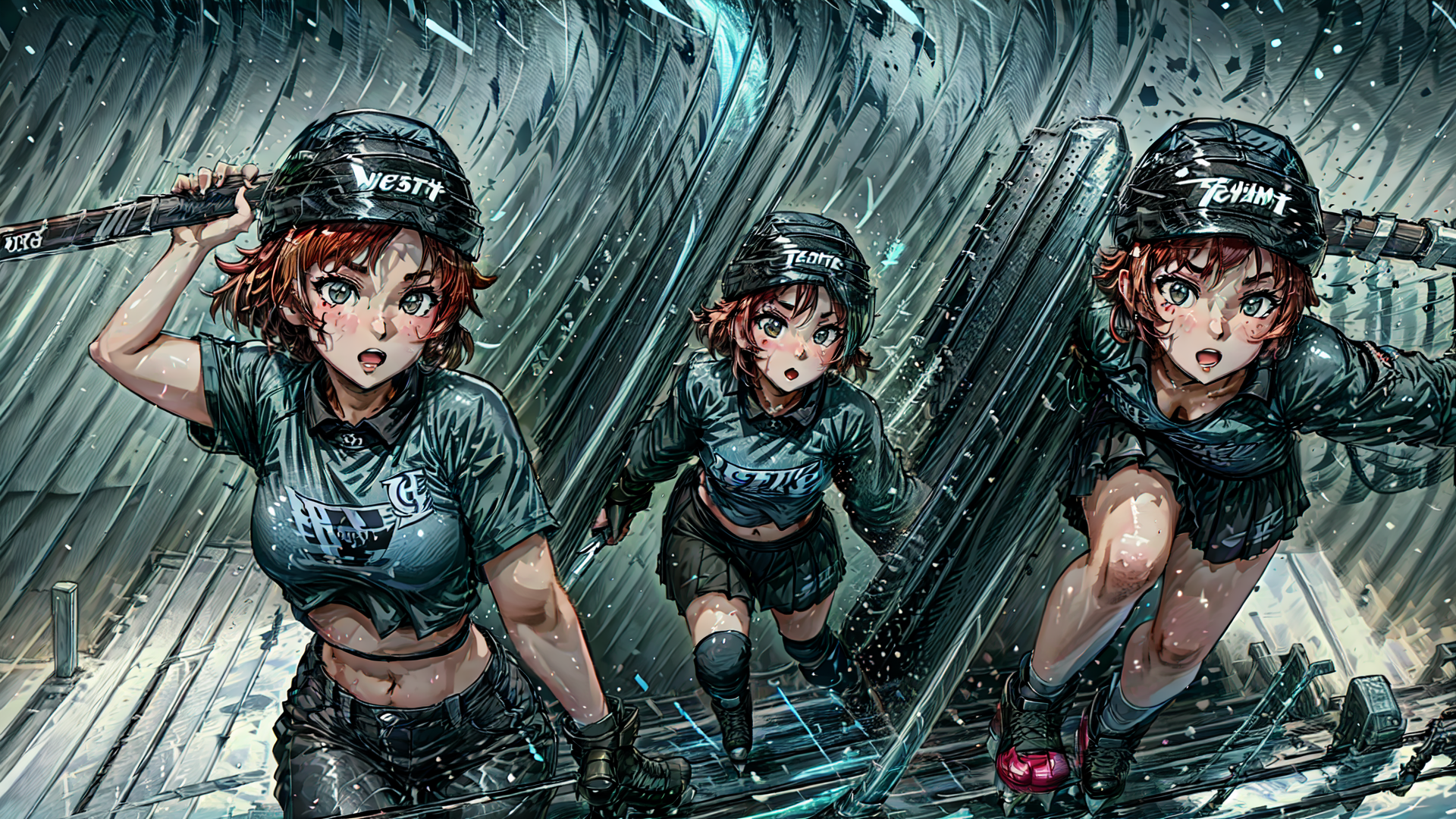 AI generated wallpaper featuring baseball, girls, helmet, bat