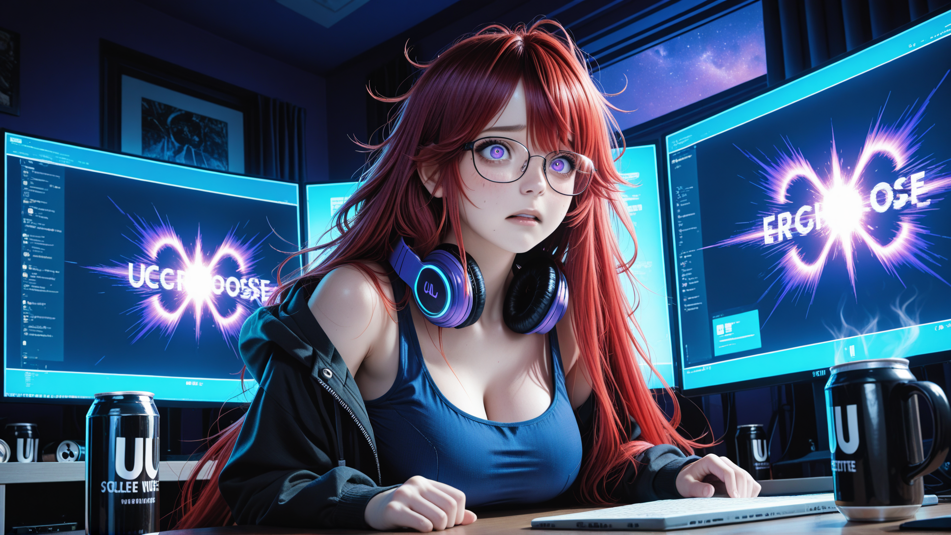 AI generated wallpaper featuring woman, headphones, computer monitors, keyboard, can, mug, glasses, hair