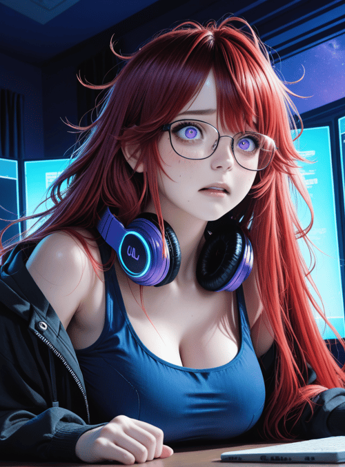 woman, headphones, computer monitors, keyboard, can, mug, glasses, hair