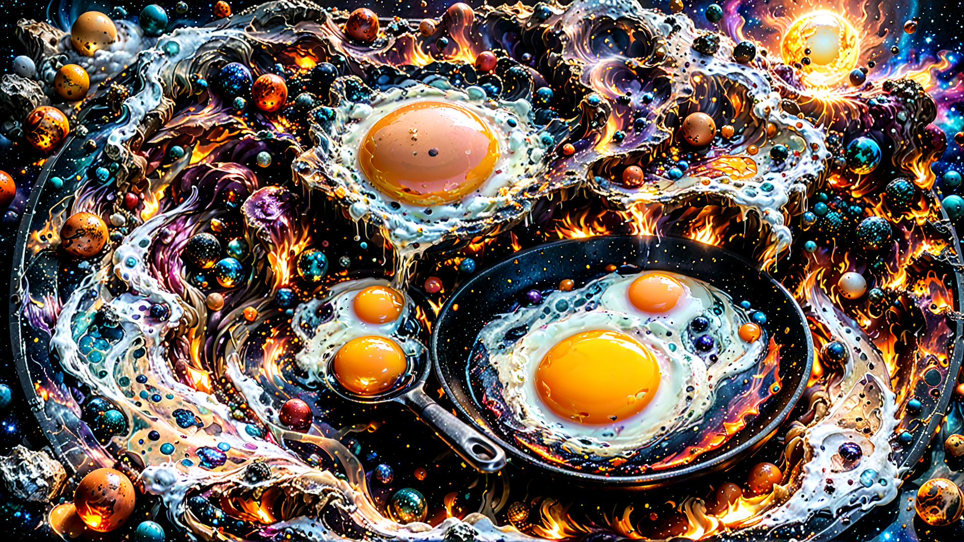 AI generated wallpaper featuring eggs, planets, flames