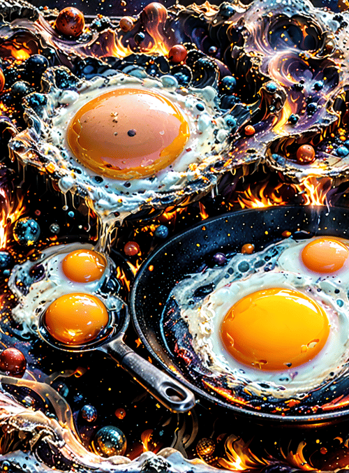 eggs, planets, flames
