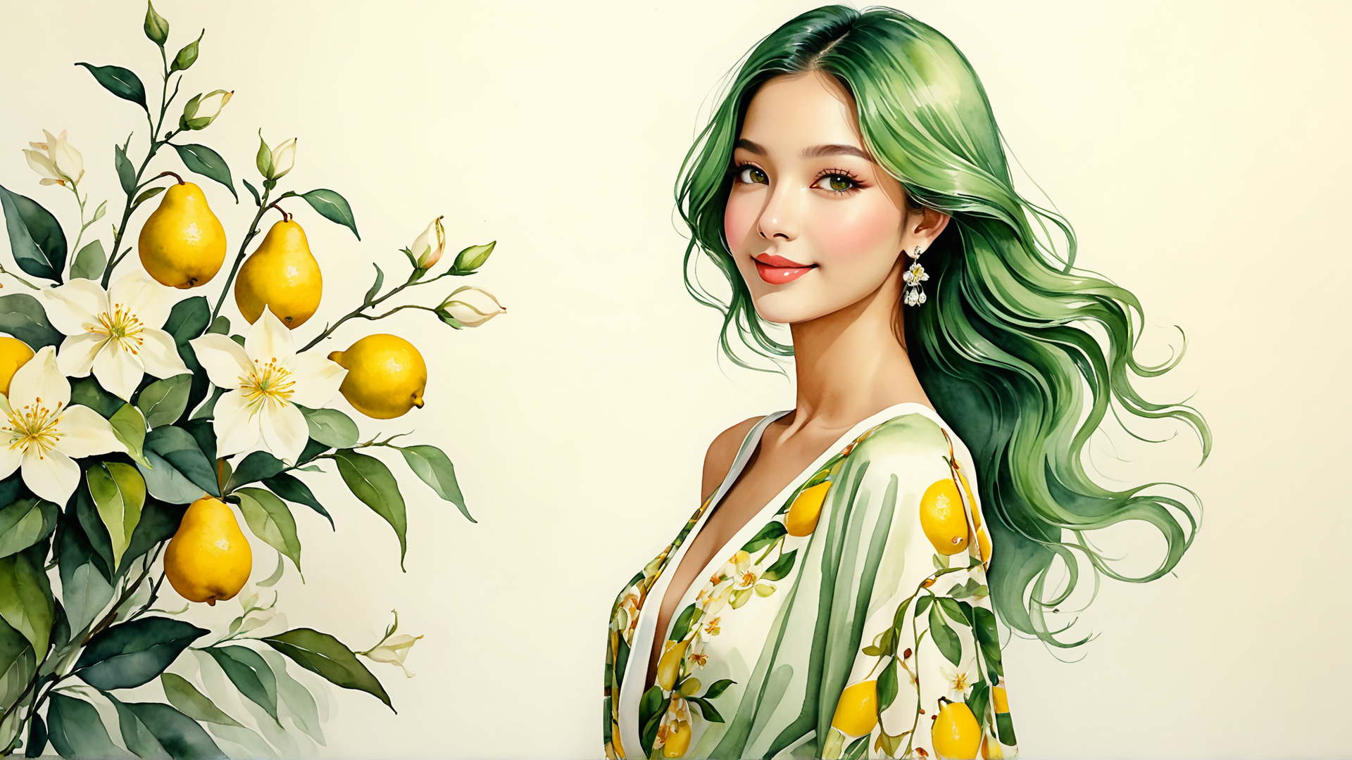 AI generated wallpaper featuring woman, pear, lemon, flower, dress