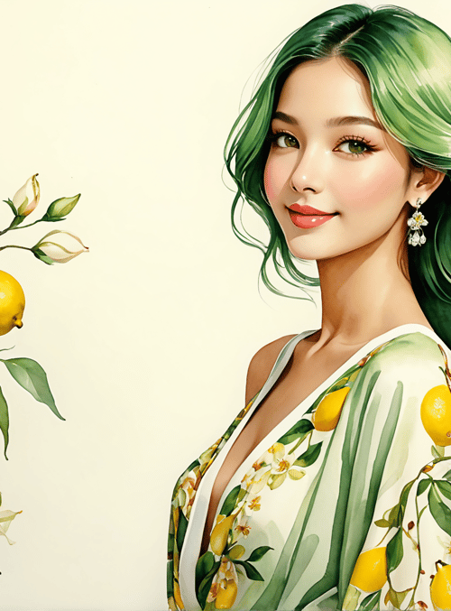 woman, pear, lemon, flower, dress
