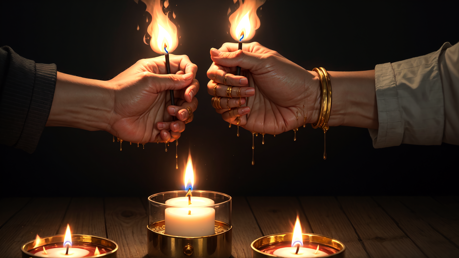 AI generated wallpaper featuring hands, candles, fire, wax, bangles, jewelry, wooden table, tealight, candlestick, light