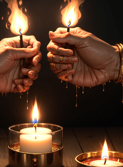hands, candles, fire, wax, bangles, jewelry, wooden table, tealight, candlestick, light