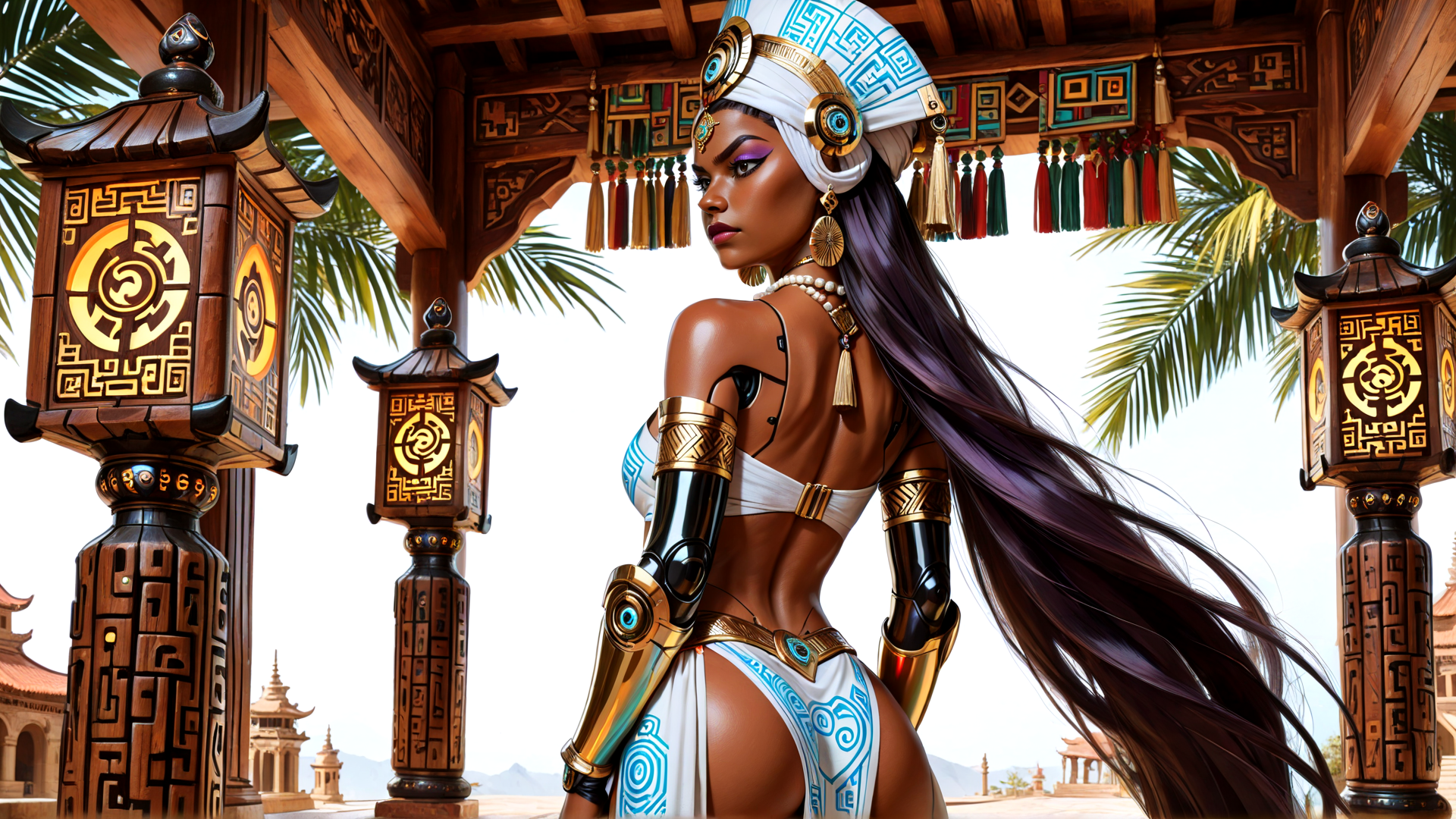 AI generated wallpaper featuring woman, goddess, cyborg, ancient, futuristic, warrior, princess, queen, aesthetic, fantasy