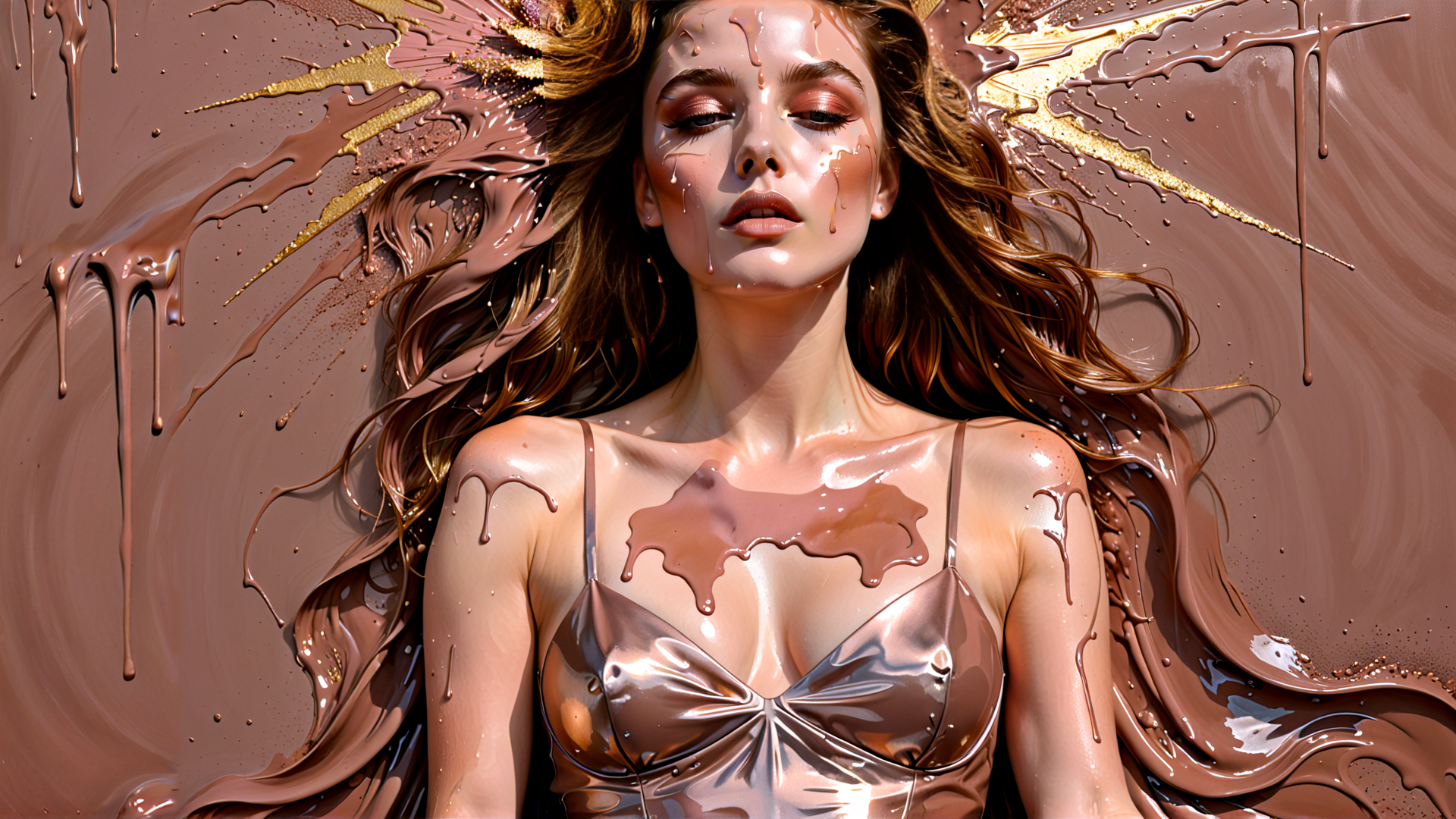 AI generated wallpaper featuring woman, chocolate, liquid, gold, hair, bikini, sweat, splatter, dripping, splash