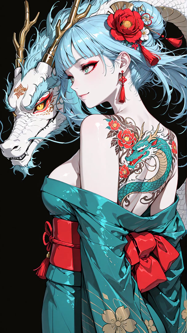 AI generated wallpaper featuring woman, dragon, deer, flower, tattoo