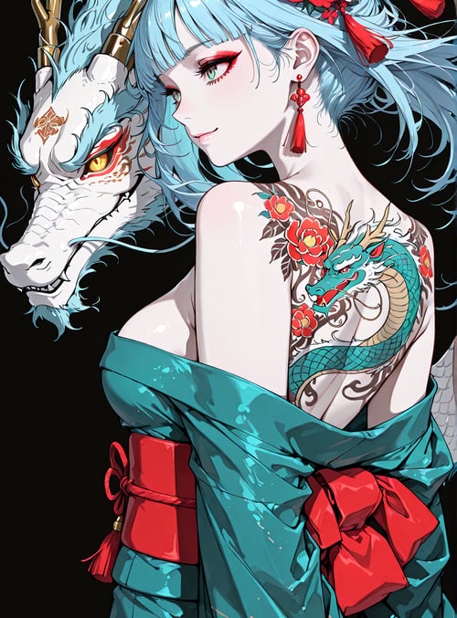 woman, dragon, deer, flower, tattoo