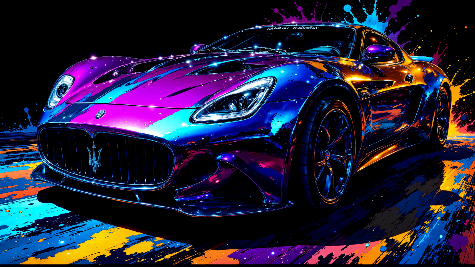 AI generated wallpaper featuring car, sports car, maserati, supercar, vehicle, automobile, speed, racing, luxury, art