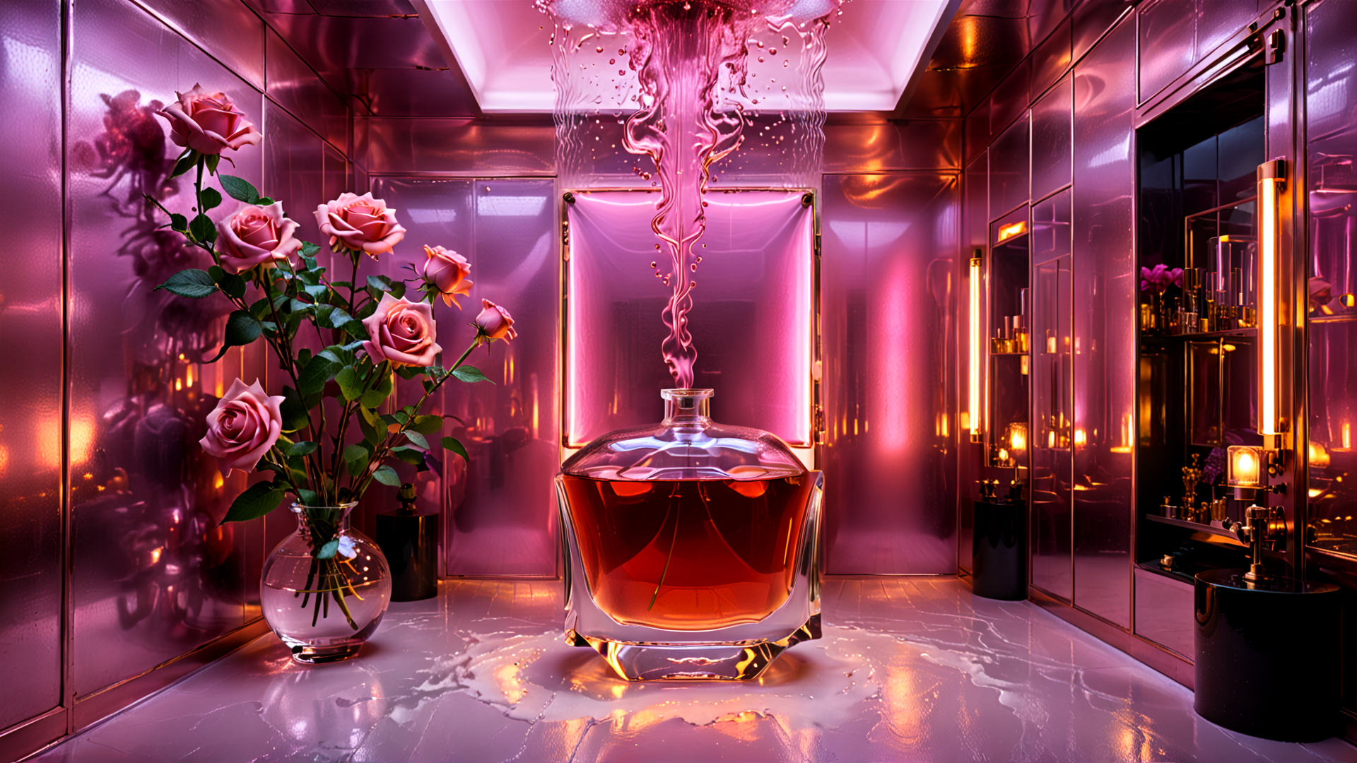 AI generated wallpaper featuring bottle, roses, liquid, vase, mirror