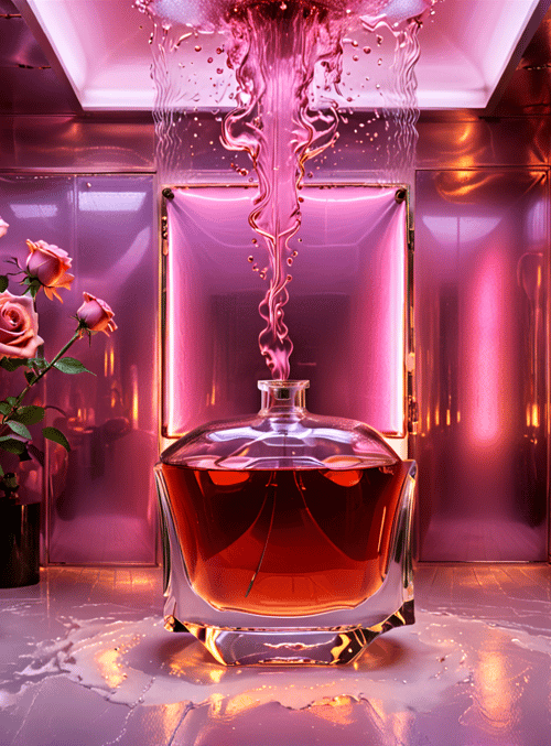 bottle, roses, liquid, vase, mirror