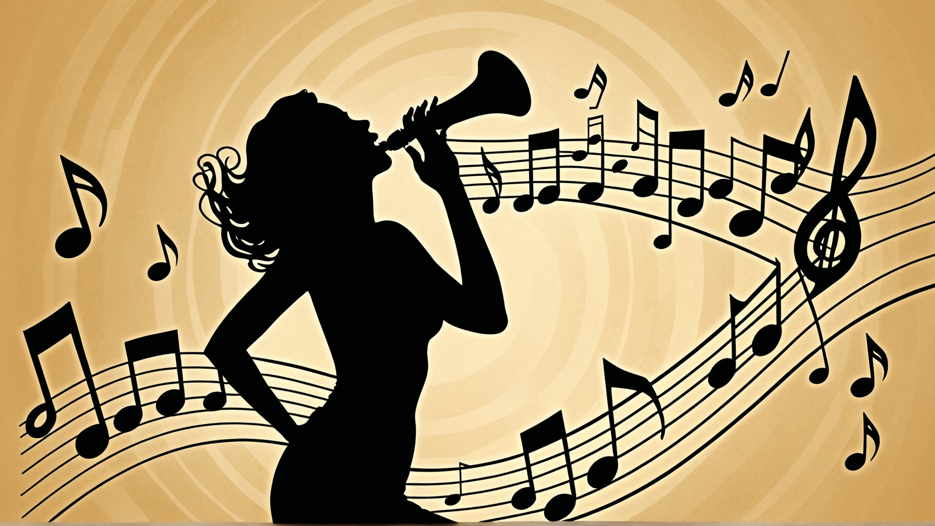 AI generated wallpaper featuring silhouette, woman, trumpet, music, notes