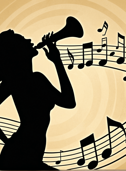 silhouette, woman, trumpet, music, notes