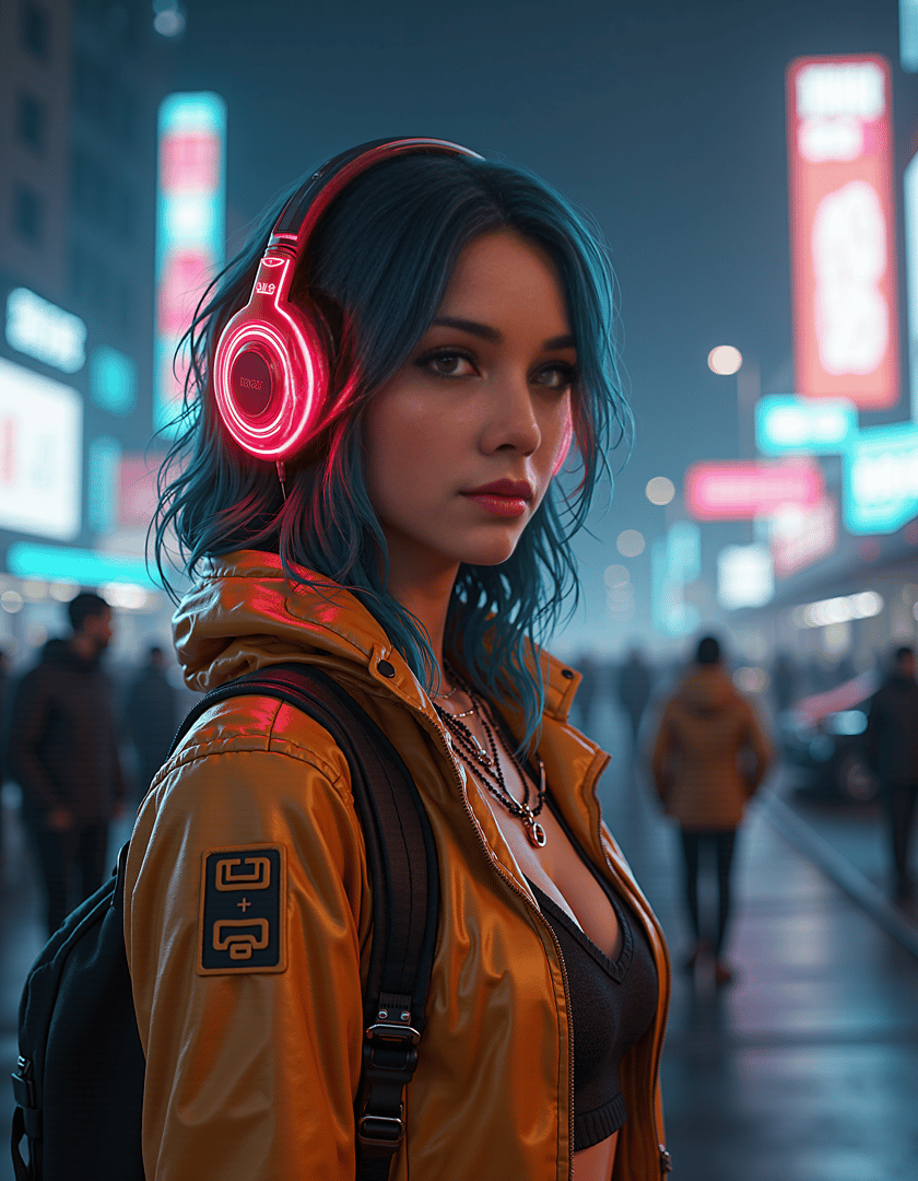 AI generated wallpaper featuring woman, headphones, city