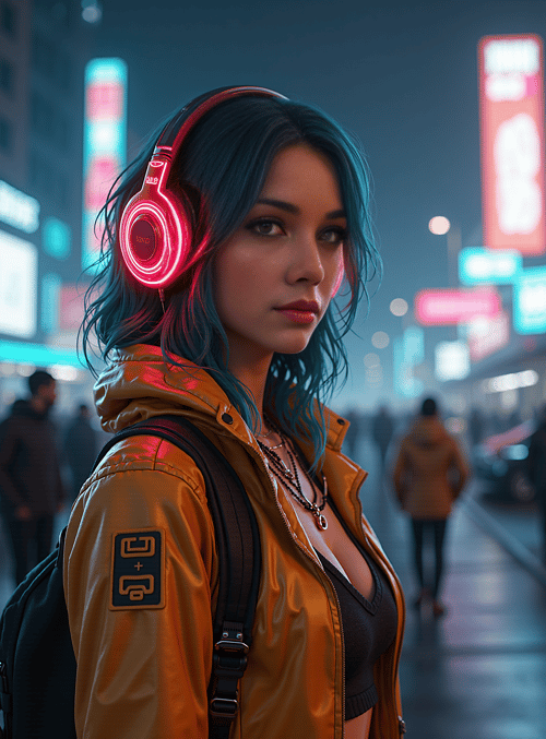 woman, headphones, city