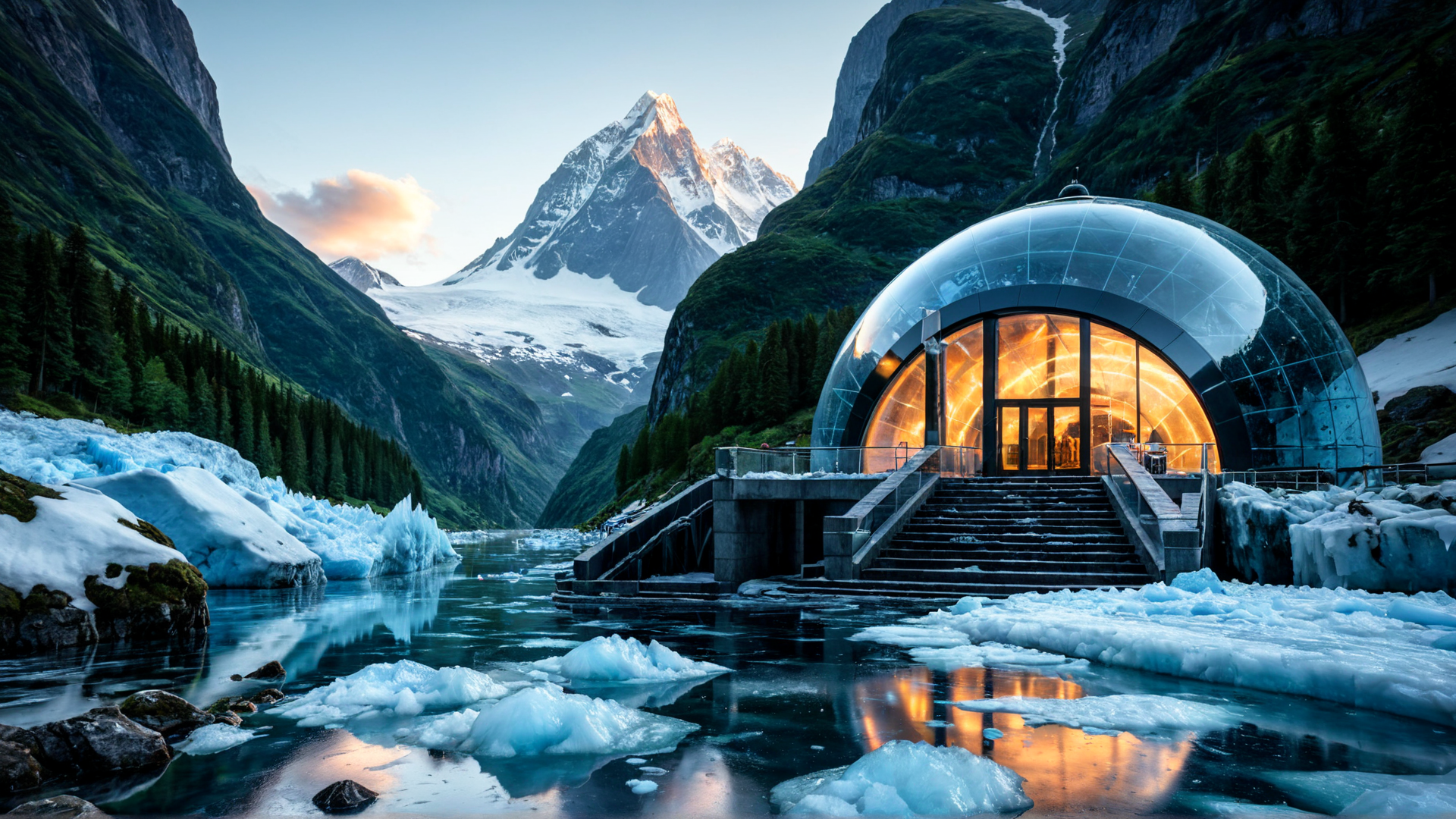 AI generated wallpaper featuring igloo, mountain, glacier, lake, ice, staircase, glass dome, forest, snow, river