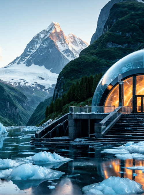 igloo, mountain, glacier, lake, ice, staircase, glass dome, forest, snow, river