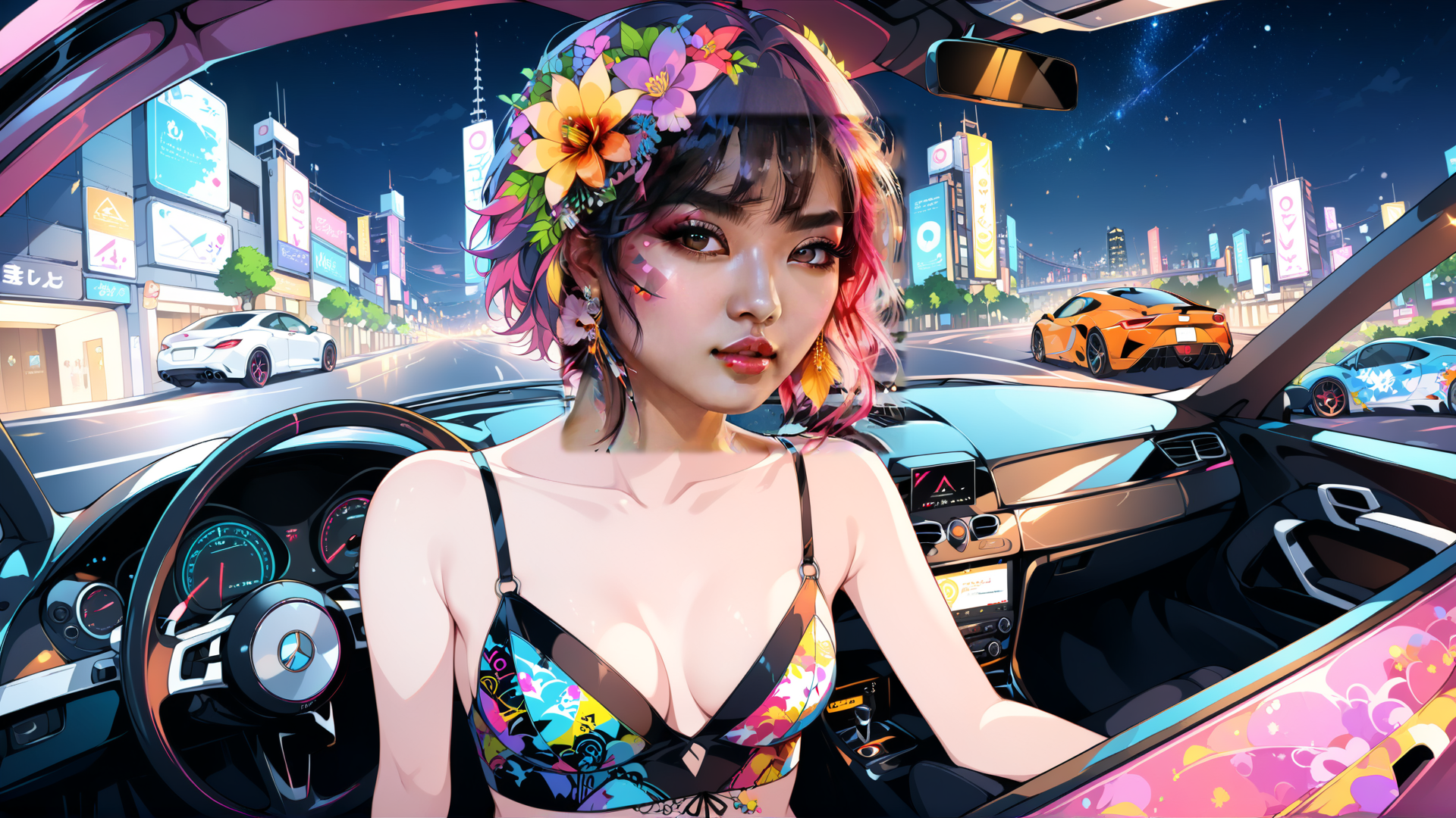 AI generated wallpaper featuring woman, car, city
