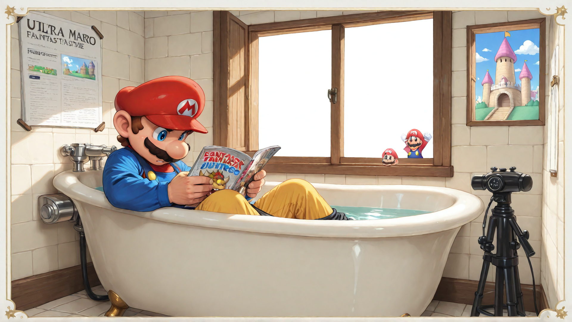 AI generated wallpaper featuring mario, bathtub, magazine, castle, camera, poster, window, towel, mushroom, toilet