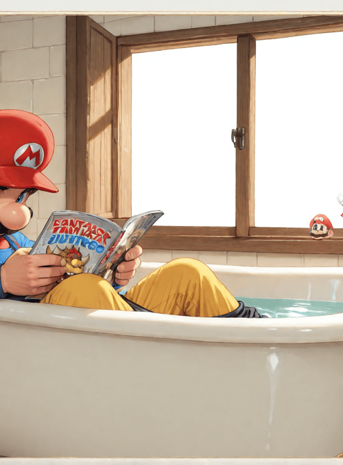mario, bathtub, magazine, castle, camera, poster, window, towel, mushroom, toilet