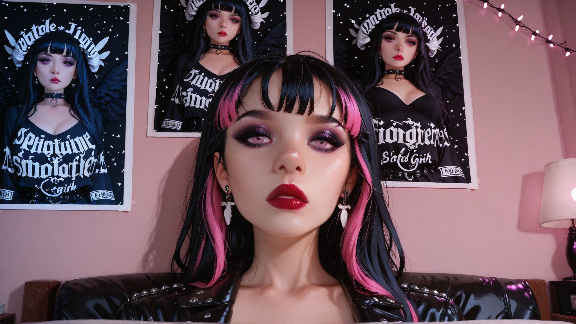 AI generated wallpaper featuring woman, poster, wings, choker, earring, hair, lamp, leather, string lights, bed