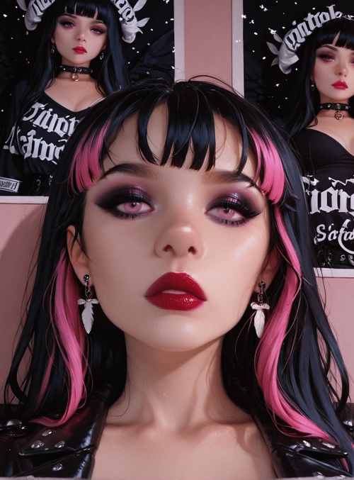 woman, poster, wings, choker, earring, hair, lamp, leather, string lights, bed