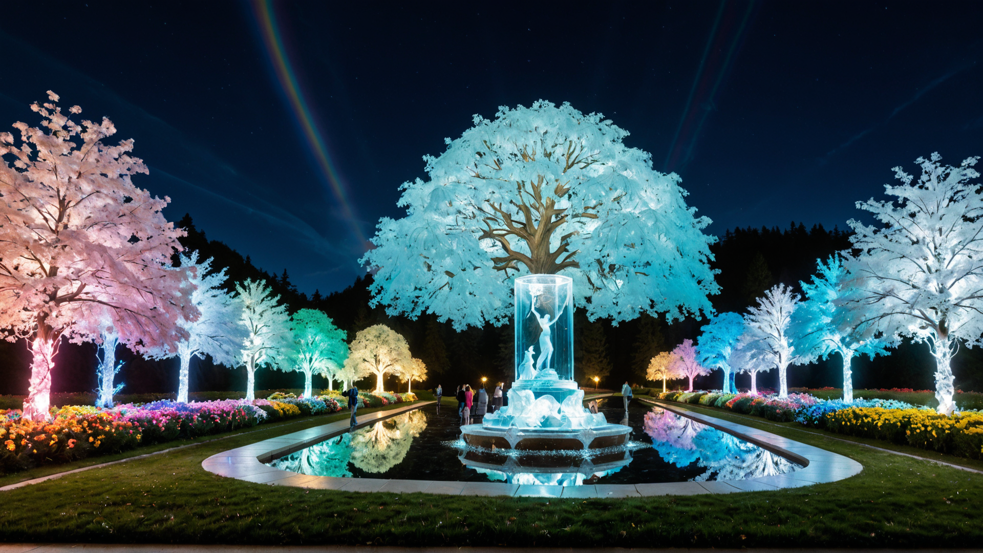 AI generated wallpaper featuring tree, fountain, people, flowers, light, park
