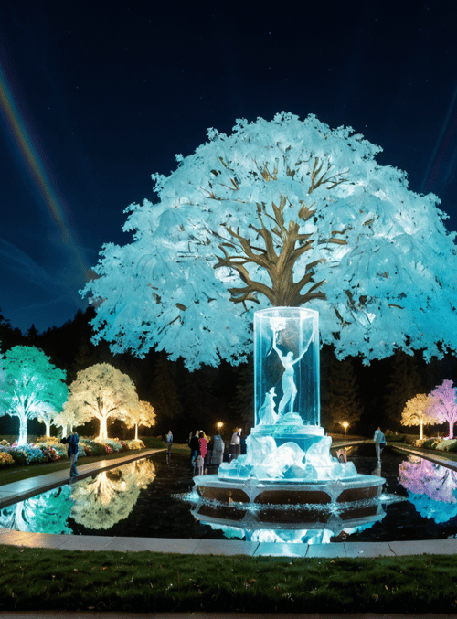tree, fountain, people, flowers, light, park