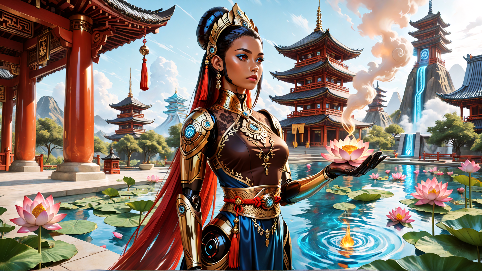 AI generated wallpaper featuring woman, lotus, dragon, temple, garden, armor