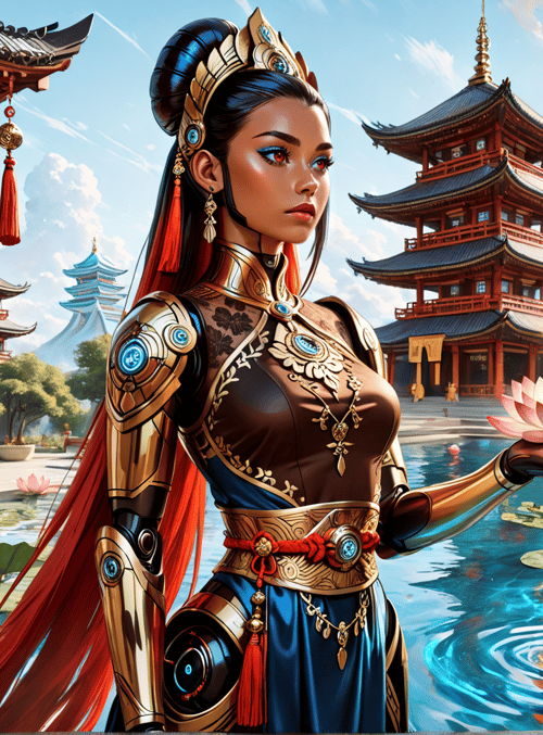 woman, lotus, dragon, temple, garden, armor