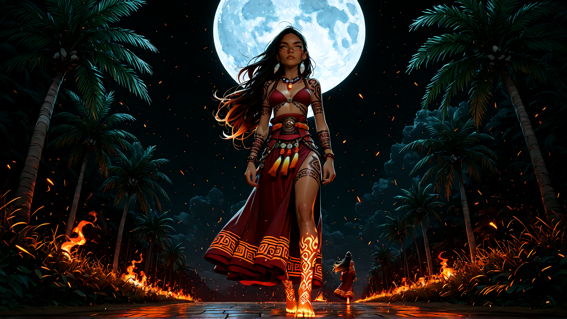 AI generated wallpaper featuring woman, palm trees, moon, fire, tattoos