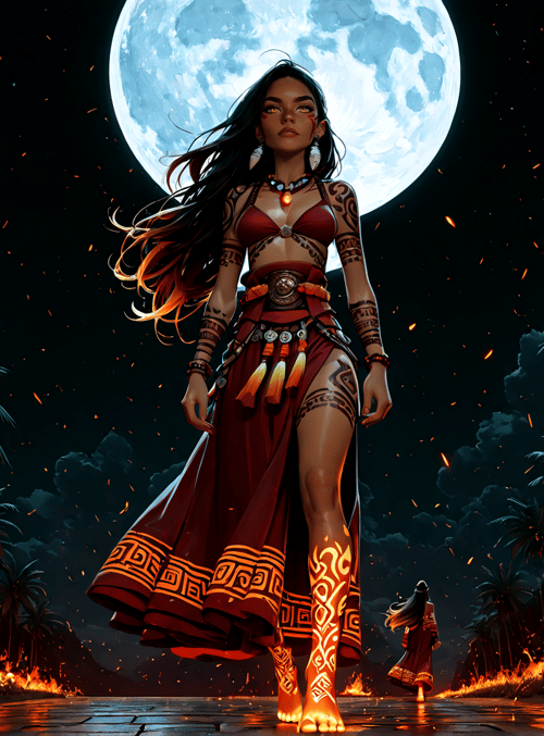 woman, palm trees, moon, fire, tattoos