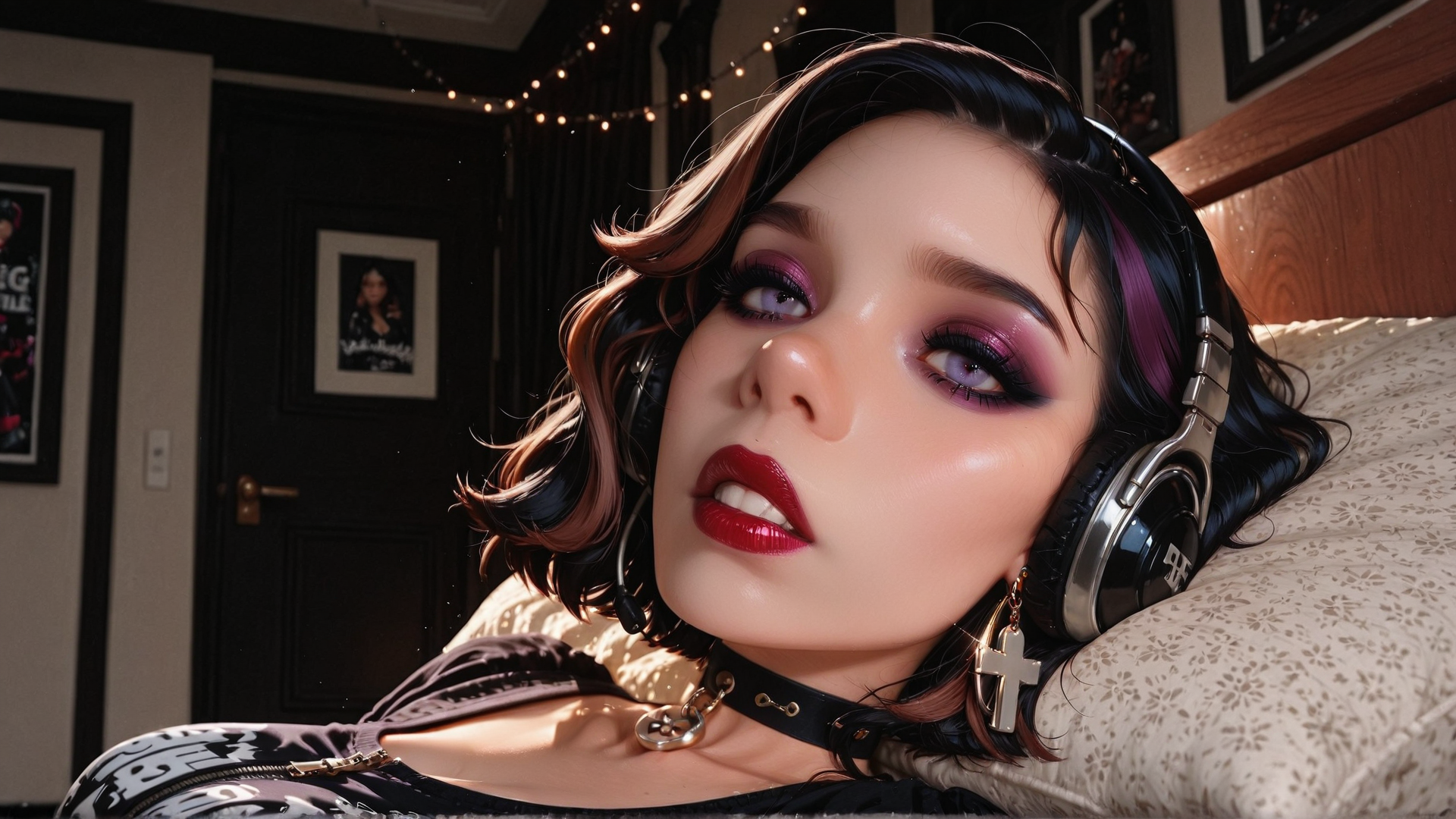 AI generated wallpaper featuring woman, headphones, bed, choker, earrings, hair