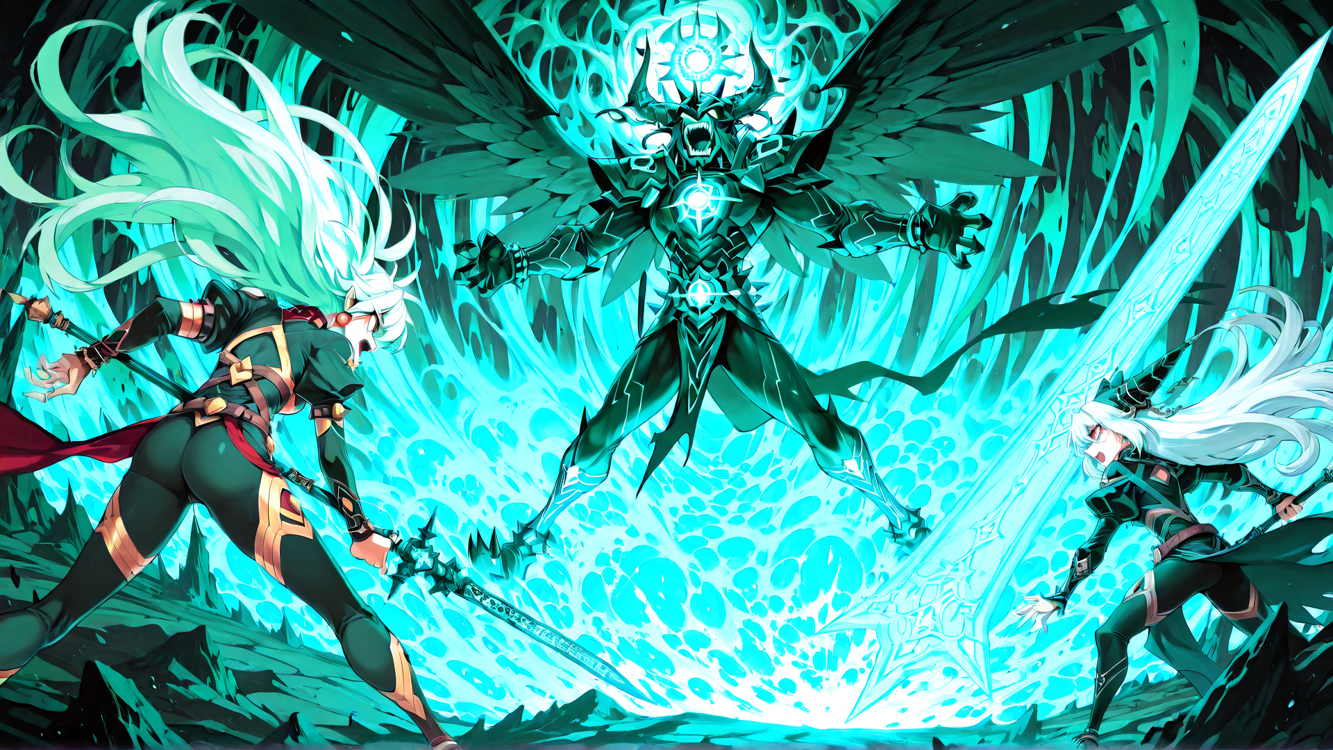 AI generated wallpaper featuring hero, monster, sword, elf, wing, armor