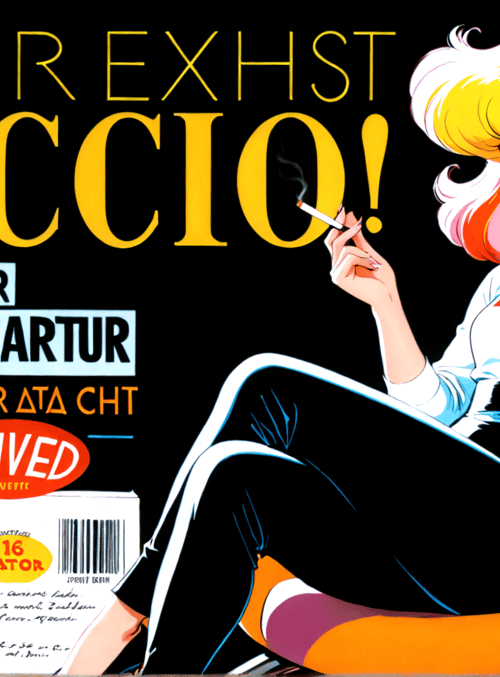 woman, cigarette, chair, pack, text, cartoon, character