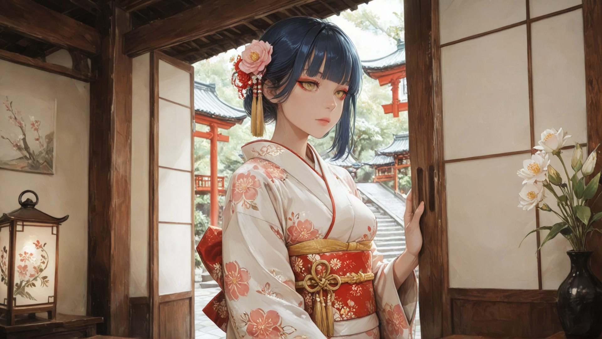 AI generated wallpaper featuring woman, kimono, flower, door, lantern, vase, building, garden, hair, tatami