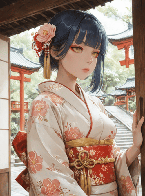 woman, kimono, flower, door, lantern, vase, building, garden, hair, tatami
