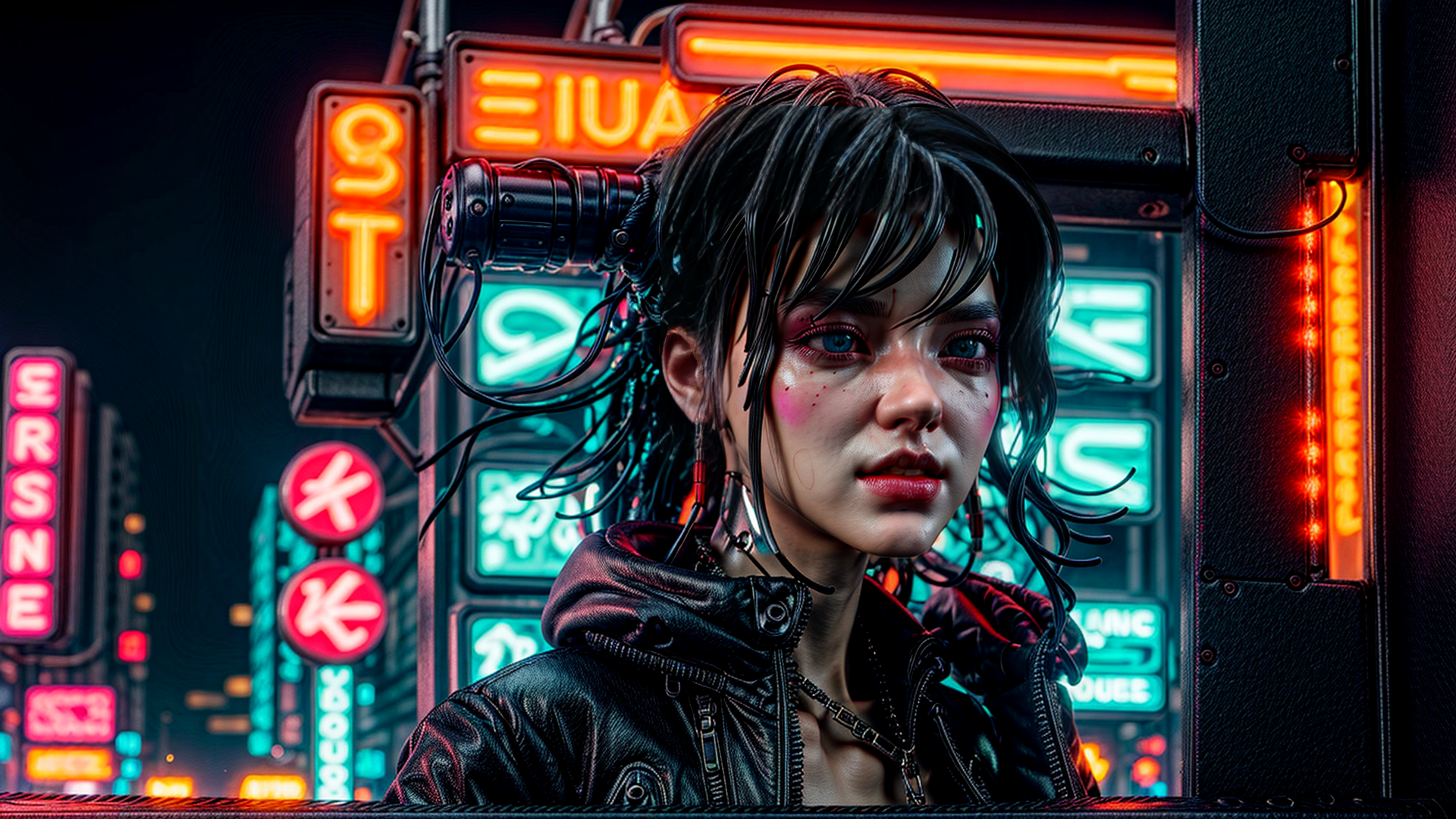 AI generated wallpaper featuring cyberpunk, woman, neon