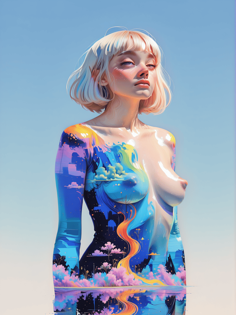 AI generated wallpaper featuring woman, body, sky, clouds, flowers, trees, water