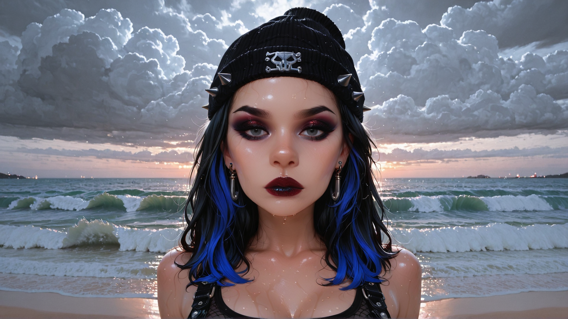 AI generated wallpaper featuring woman, beach, ocean, sky, clouds, hat, hair, waves, sun, sunset