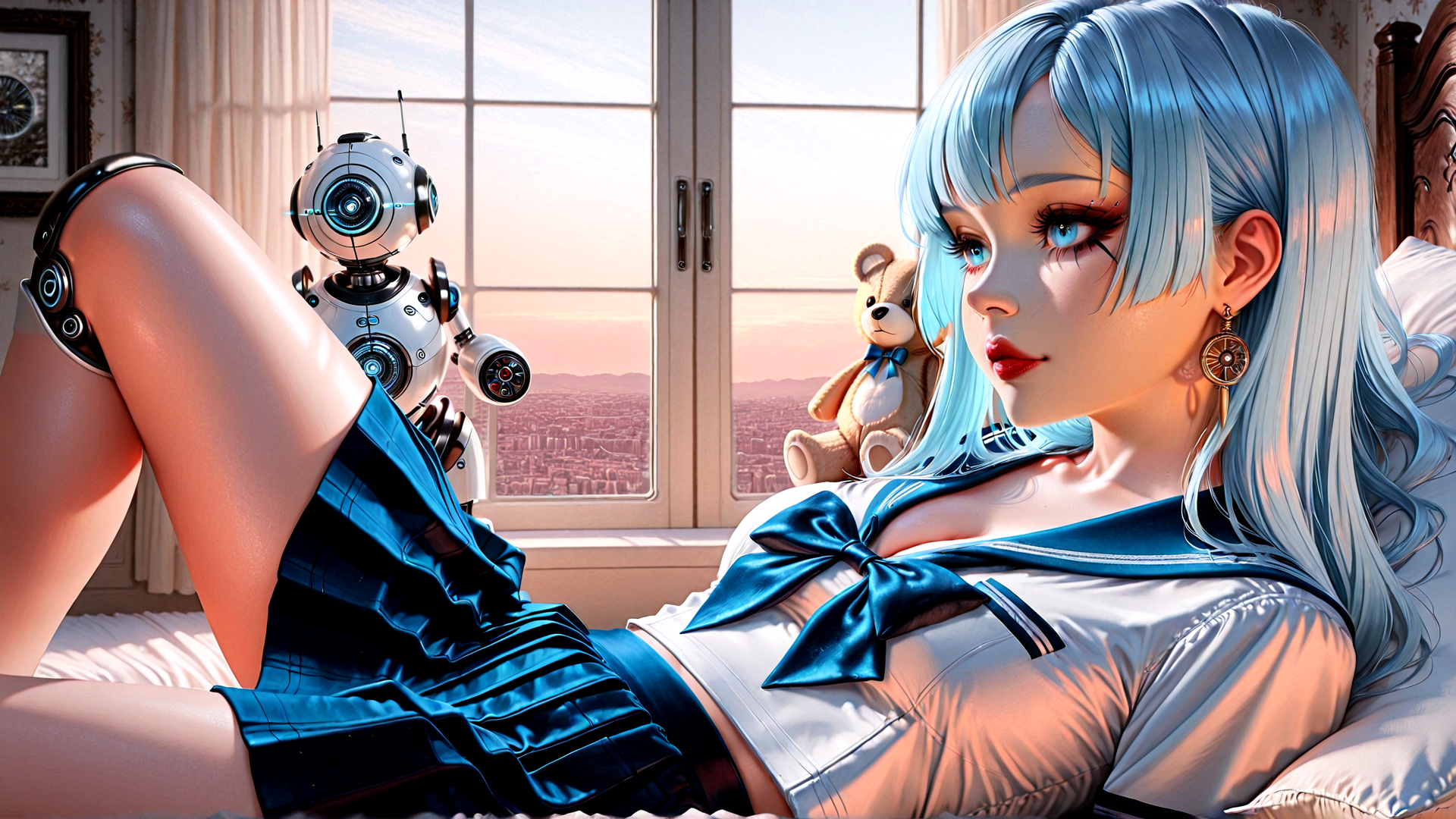 AI generated wallpaper featuring girl, robot, teddy bear, window, bed, sailor uniform