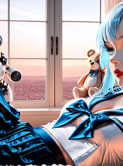 girl, robot, teddy bear, window, bed, sailor uniform