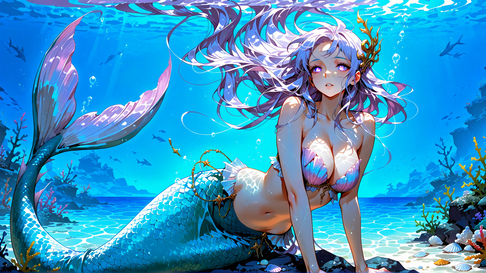 AI generated wallpaper featuring mermaid, seahorse, coral, fish, shell, seaweed, ocean, scales, bubbles, sunlight
