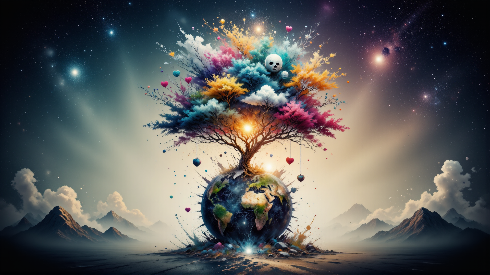 AI generated wallpaper featuring earth, tree, skull, hearts, stars