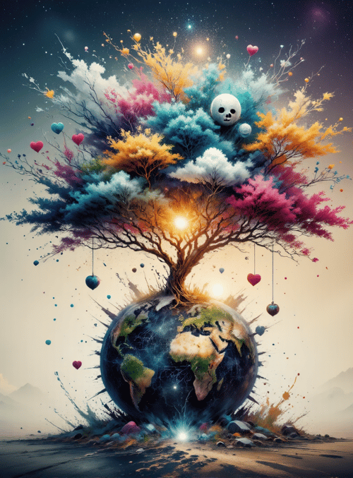 earth, tree, skull, hearts, stars